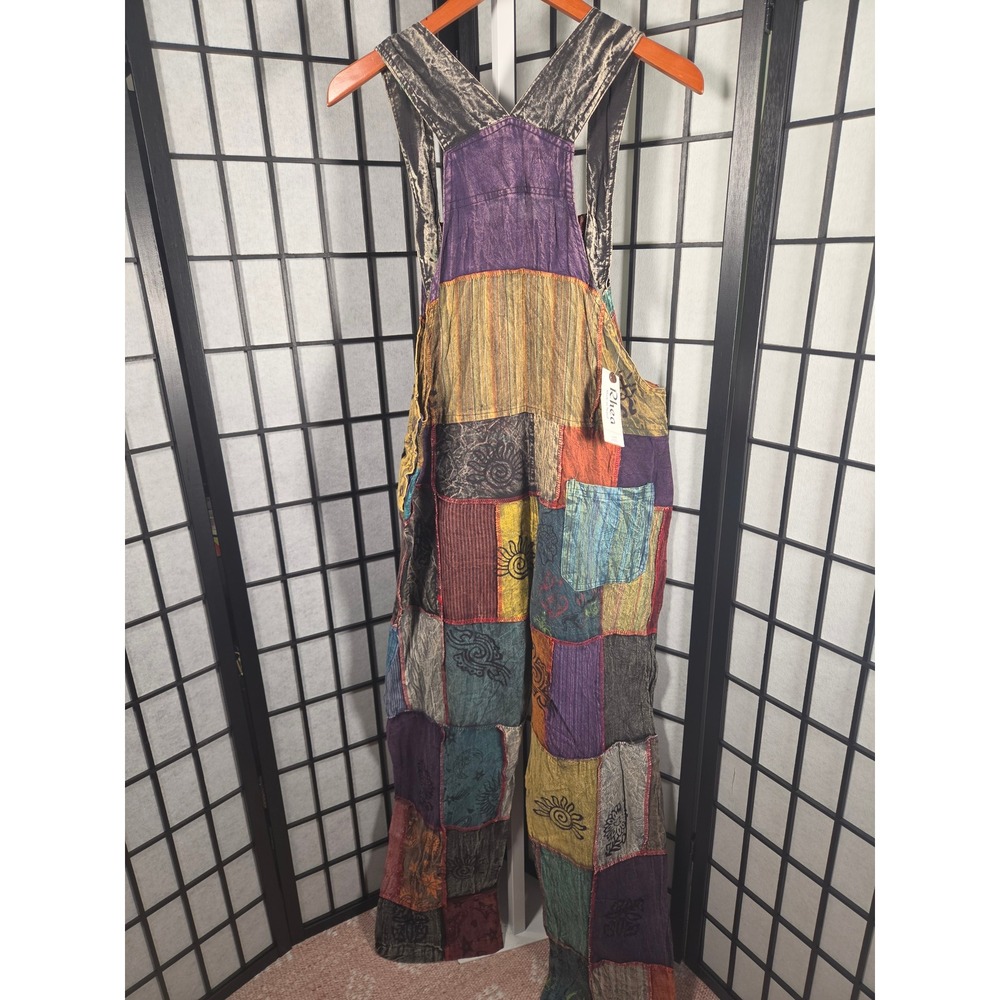 Rhea Patchwork Overalls Womens Boho Corduroy Sun Mushroom Print Multi Color - Picture 6 of 7